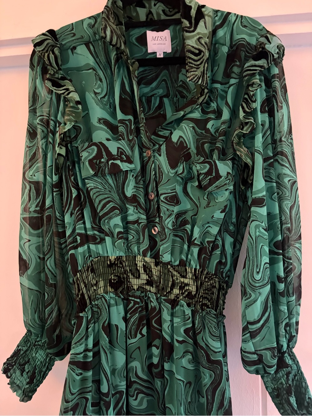 MISA LOS ANGELES Aydenis Teared Green Marble Print Long Sleeve Dress - Picture 3 of 15